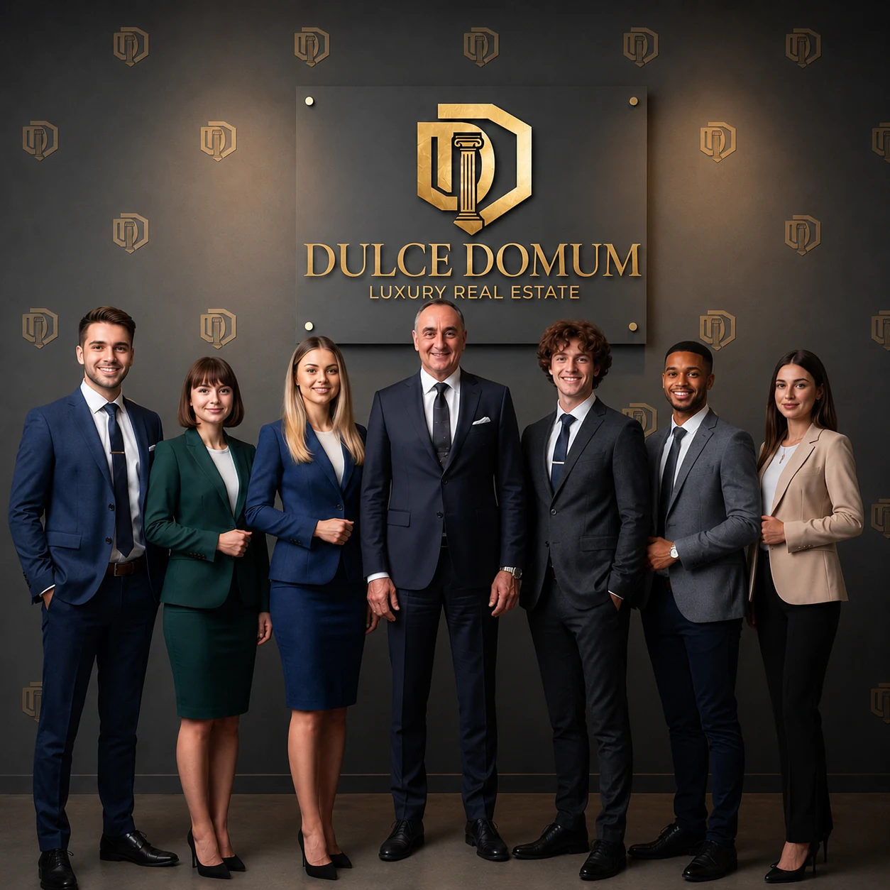 Il team Dulce Domum davanti al logo dell'agenzia